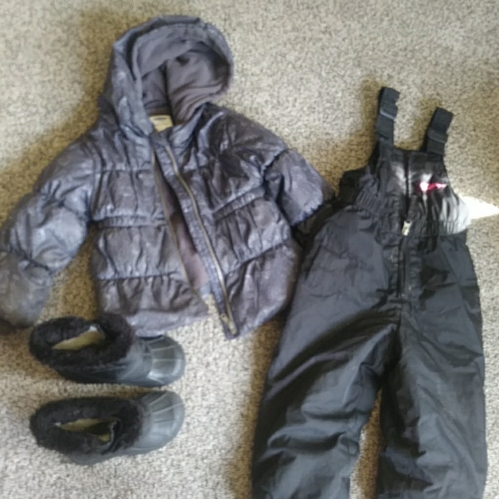 Girls snow coat, overalls, and boots